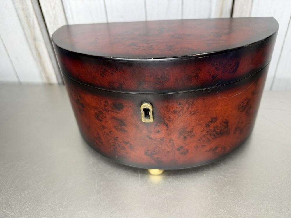 Vintage Bombay Company Burled Mahogany Brass Footed Half Moon Jewelry Box
